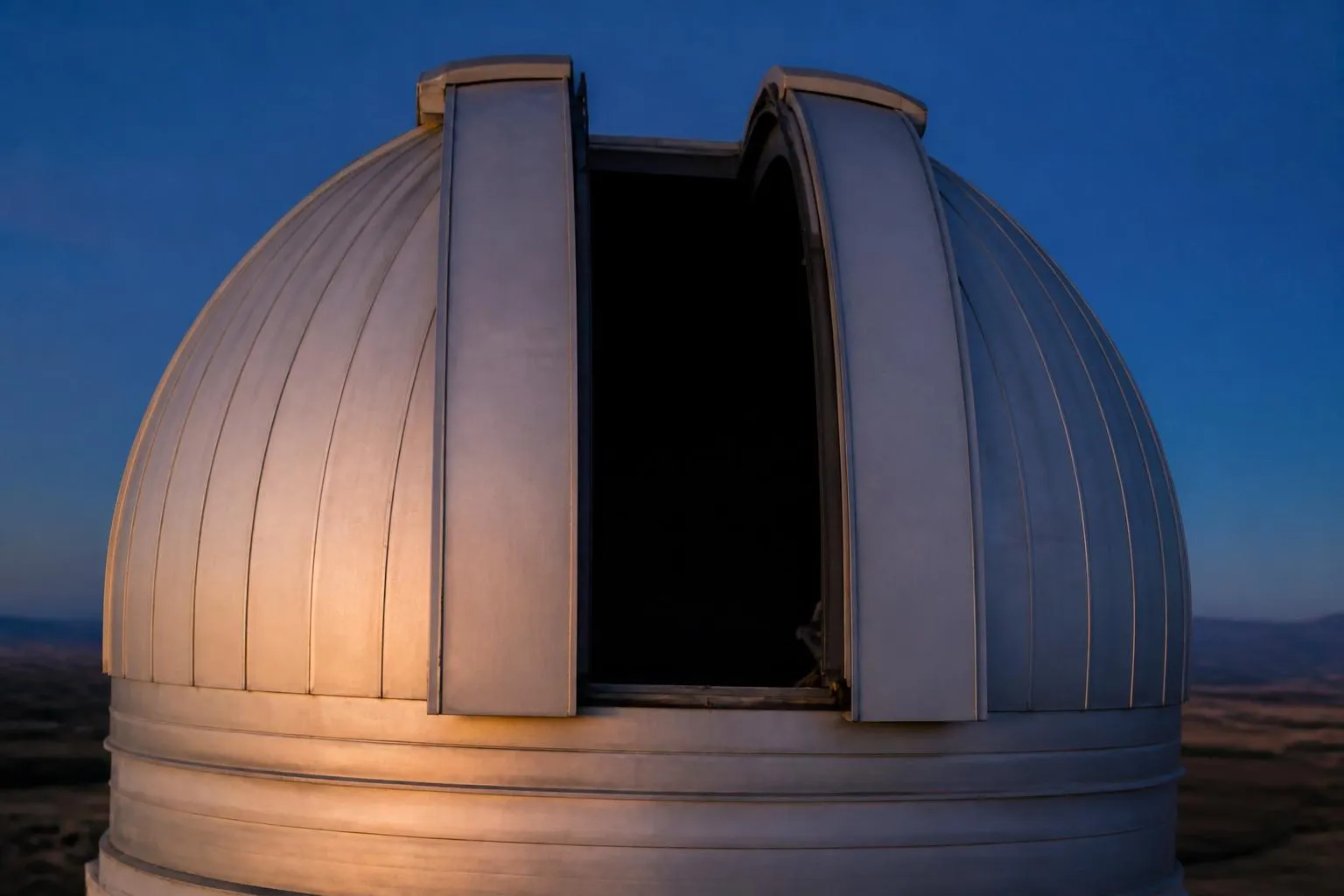 Le cimier ouvert d’une coupole d’observatoire au crépuscule, fente verticale sur le ciel.